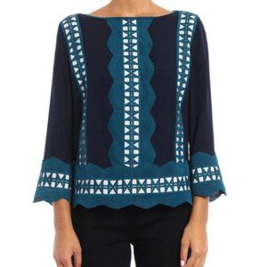 Tory Burch Navy Blue Green and White Silk Blouse
